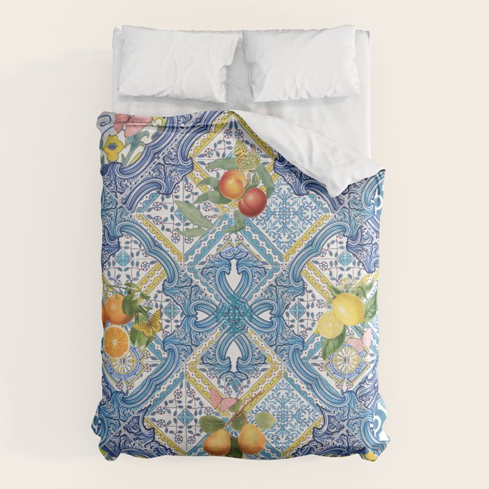 Sicilian Limones, italian mediterranean citrus fruit maiolica blue tiles Duvet Cover Gallery Image 1