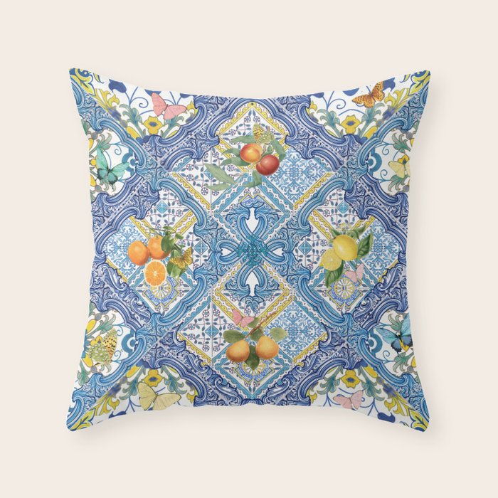Sicilian Limones, italian mediterranean citrus fruit maiolica blue tiles Throw Pillow Gallery Image 6