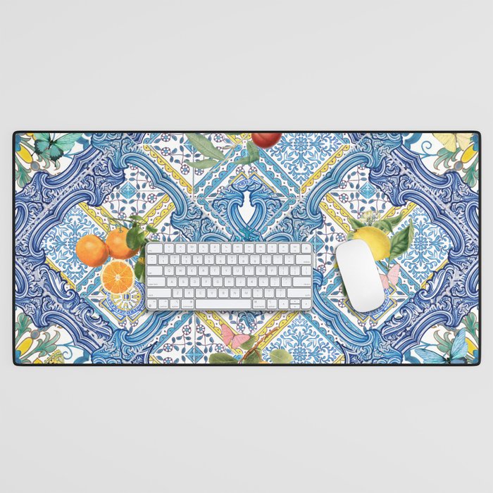 Sicilian Limones, italian mediterranean citrus fruit maiolica blue tiles Desk Mat Gallery Image 1