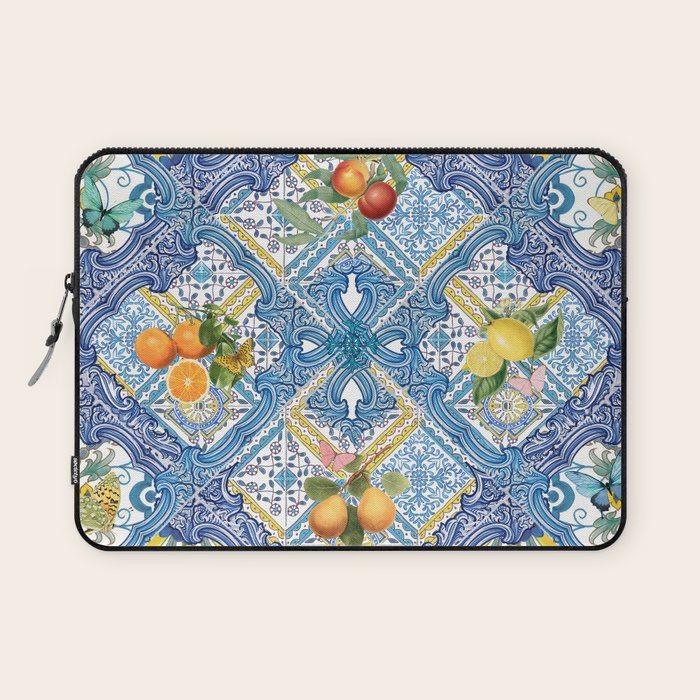 Sicilian Limones, italian mediterranean citrus fruit maiolica blue tiles Laptop Sleeve Gallery Image 1