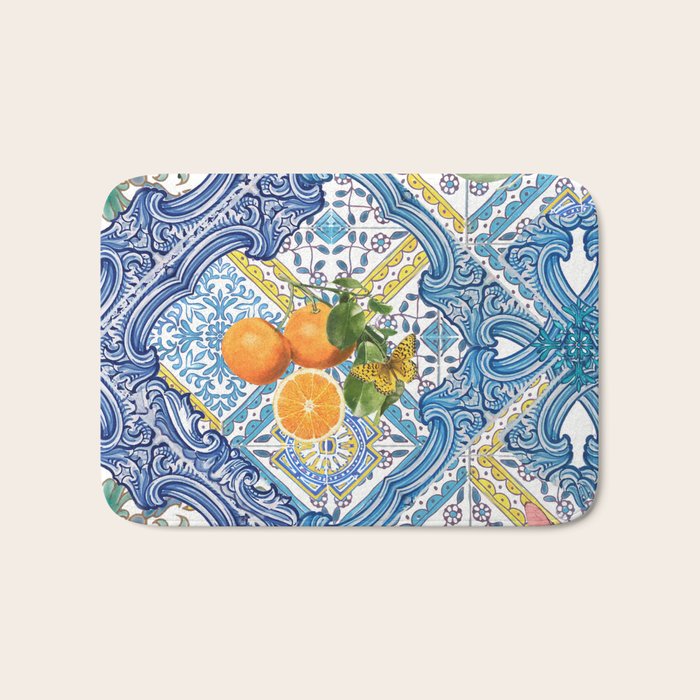 Sicilian Limones, italian mediterranean citrus fruit maiolica blue tiles Bath Mat Gallery Image 1