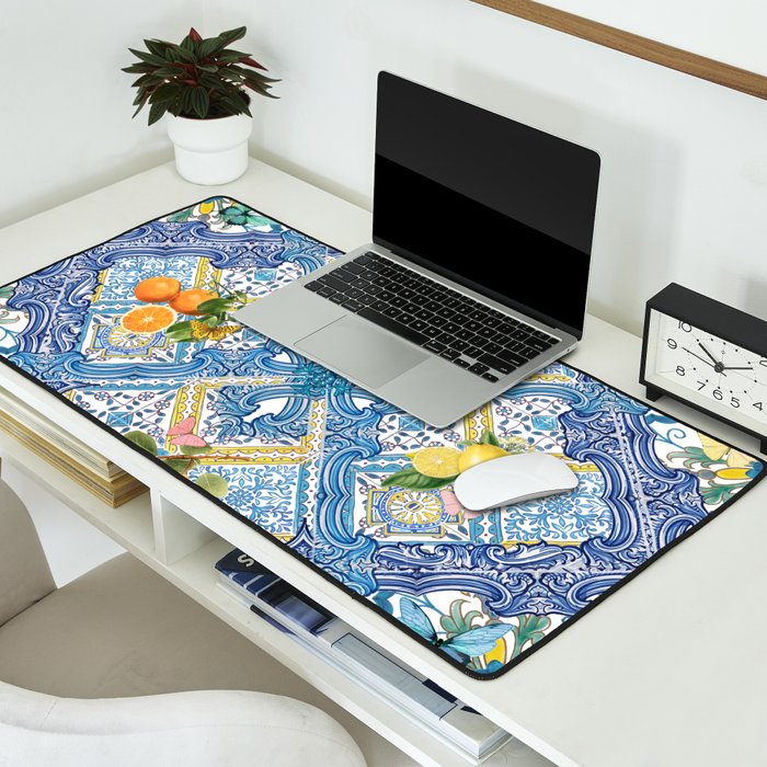 Sicilian Limones, italian mediterranean citrus fruit maiolica blue tiles Desk Mat Gallery Image 2