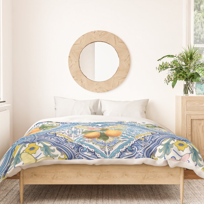 Sicilian Limones, italian mediterranean citrus fruit maiolica blue tiles Duvet Cover Gallery Image 3