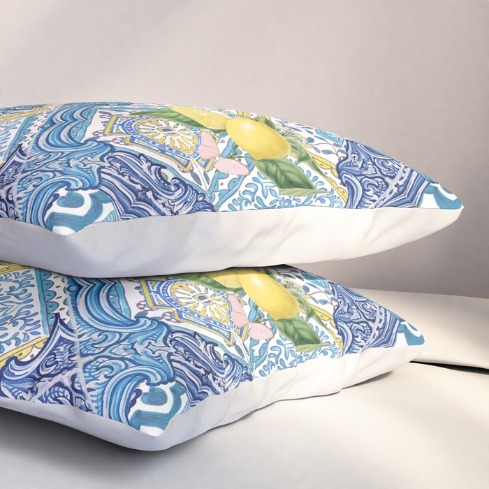Sicilian Limones, italian mediterranean citrus fruit maiolica blue tiles Pillow Sham Gallery Image 3