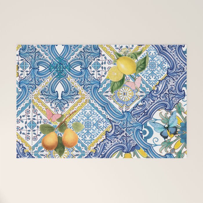 Sicilian Limones, italian mediterranean citrus fruit maiolica blue tiles Welcome Mat Gallery Image 1