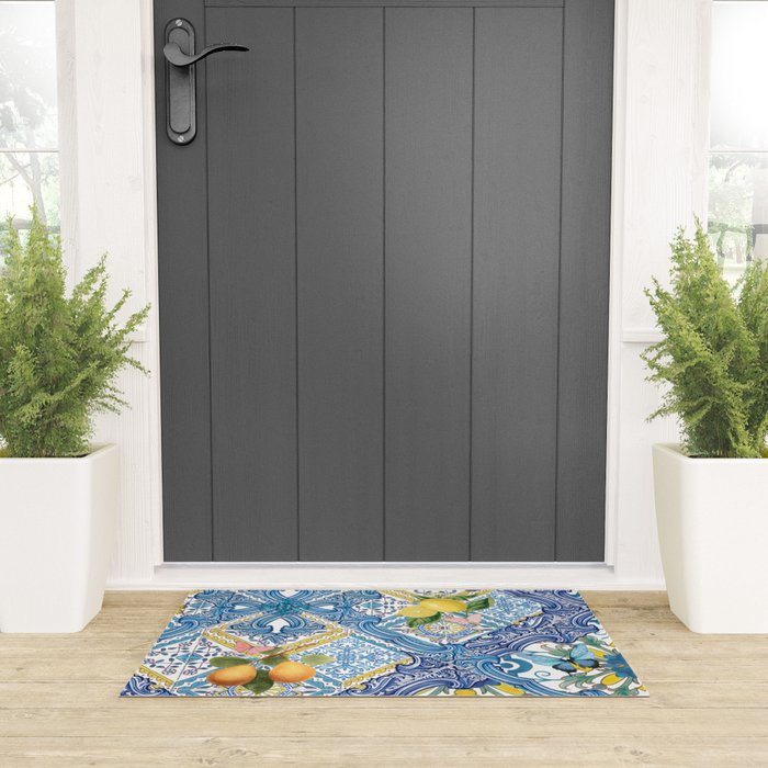 Sicilian Limones, italian mediterranean citrus fruit maiolica blue tiles Welcome Mat Gallery Image 3