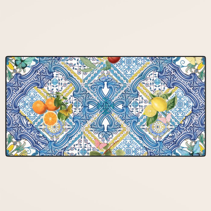 Sicilian Limones, italian mediterranean citrus fruit maiolica blue tiles Desk Mat Gallery Image 3