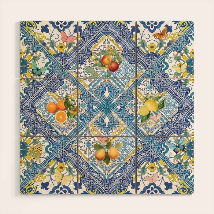 Sicilian Limones, italian mediterranean citrus fruit maiolica blue tiles Wood Wall Art Gallery Image 1