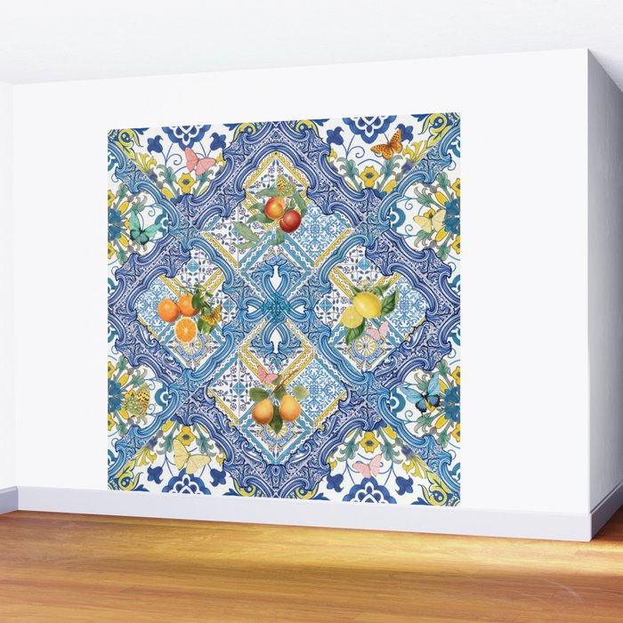 Sicilian Limones, italian mediterranean citrus fruit maiolica blue tiles Wall Mural Gallery Image 2