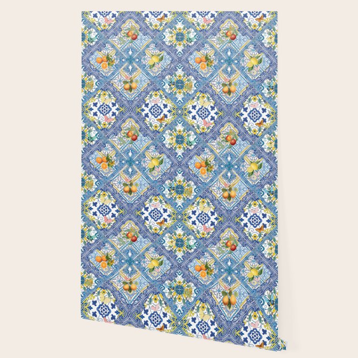 Sicilian Limones, italian mediterranean citrus fruit maiolica blue tiles Wallpaper Gallery Image 2