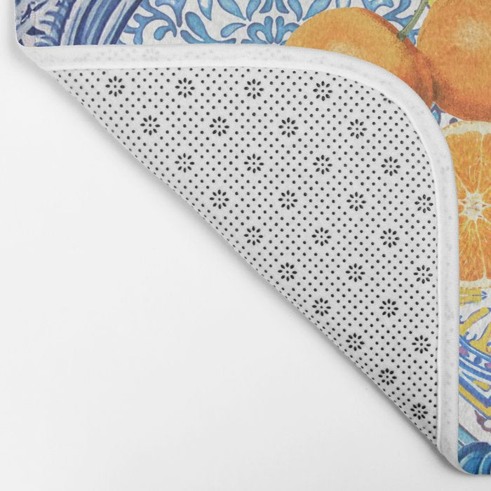 Sicilian Limones, italian mediterranean citrus fruit maiolica blue tiles Bath Mat Gallery Image 2