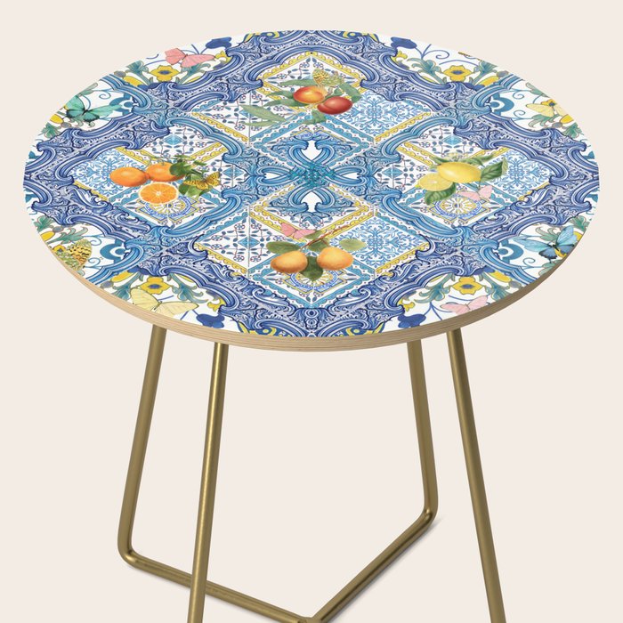 Sicilian Limones, italian mediterranean citrus fruit maiolica blue tiles Side Table Gallery Image 2