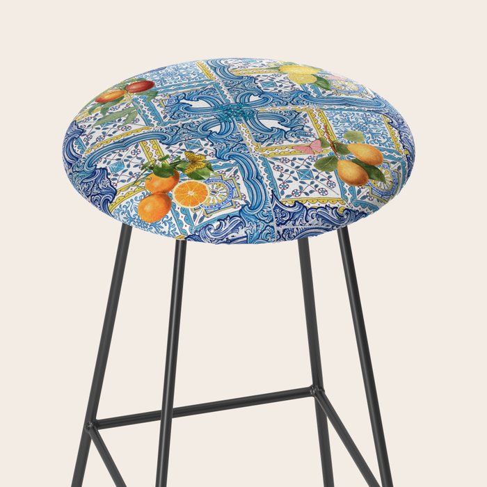 Sicilian Limones, italian mediterranean citrus fruit maiolica blue tiles Stool Gallery Image 2