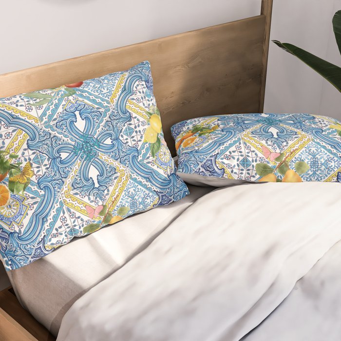Sicilian Limones, italian mediterranean citrus fruit maiolica blue tiles Pillow Sham Gallery Image 2