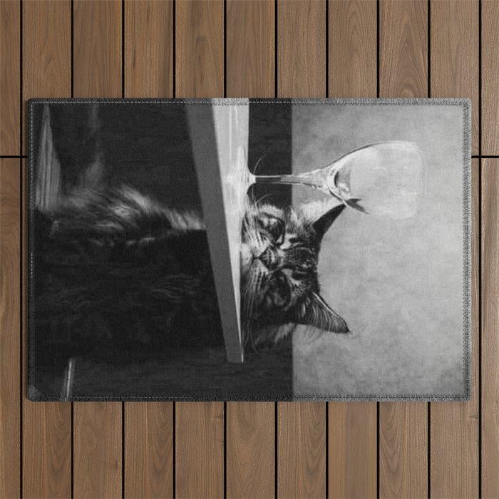 The Nightwatch Cat at the Absinthe bar black and white photograph / art photography Outdoor Rug Gallery Image 1