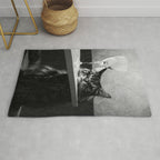 The Nightwatch Cat at the Absinthe bar black and white photograph / art photography Rug Gallery Image 1