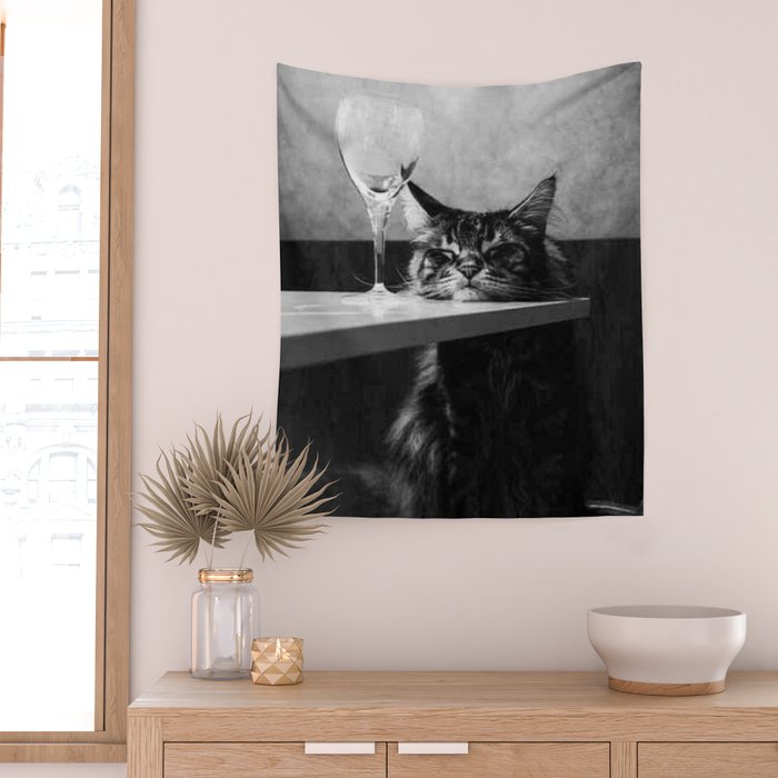 The Nightwatch Cat at the Absinthe bar black and white photograph / art photography Wall Tapestry Gallery Image 2