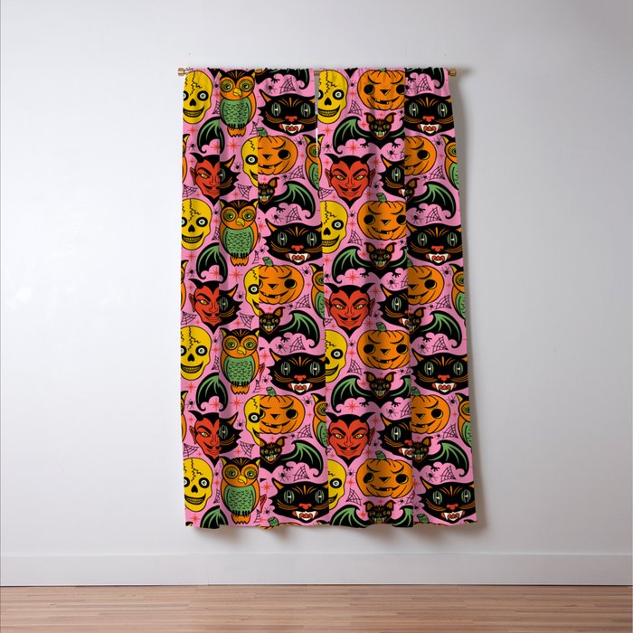 Retro Halloween in Pink - Skull Black Cat Devil Pumpkin Bat Owl Motifs Window Curtain Gallery Image 3
