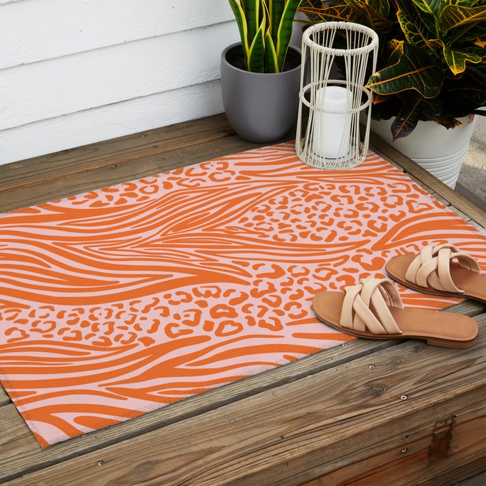 Pink and Orange Tiger and Cheetah Prints Outdoor Rug Gallery Image 2