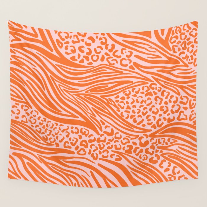 Pink and Orange Tiger and Cheetah Prints Wall Tapestry Gallery Image 4