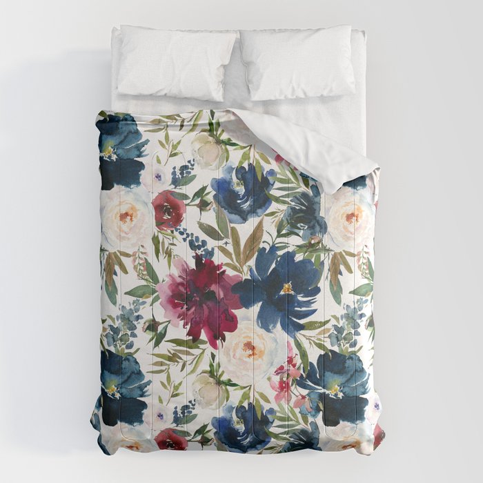 Burgundy Navy Floral Watercolor Pattern A  Comforter Gallery Image 6