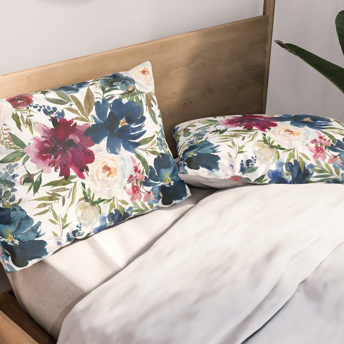 Burgundy Navy Floral Watercolor Pattern A  Pillow Sham Gallery Image 2