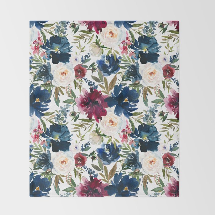 Burgundy Navy Floral Watercolor Pattern A  Throw Blanket Gallery Image 2