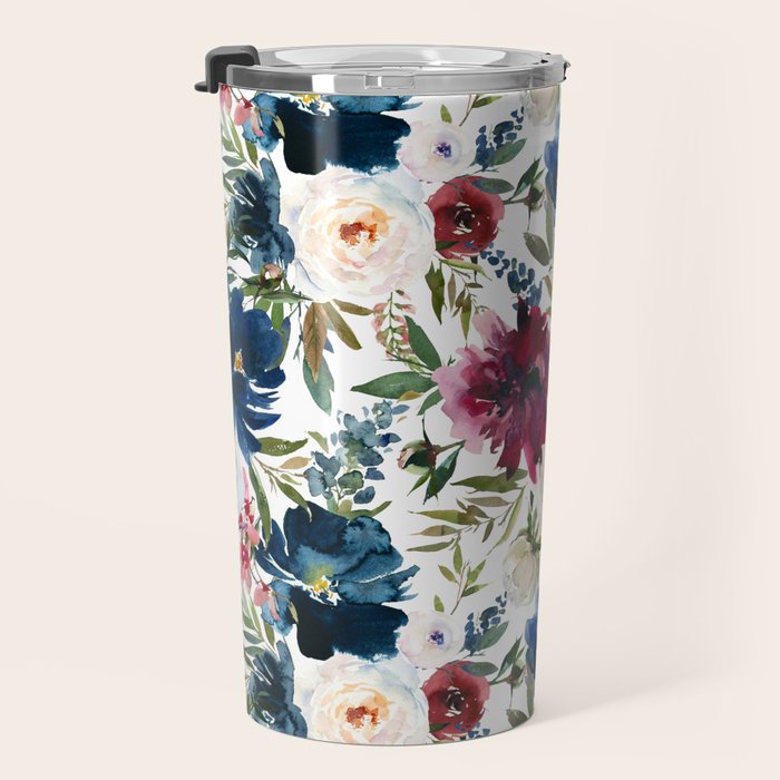 Burgundy Navy Floral Watercolor Pattern A  Travel Mug Gallery Image 3