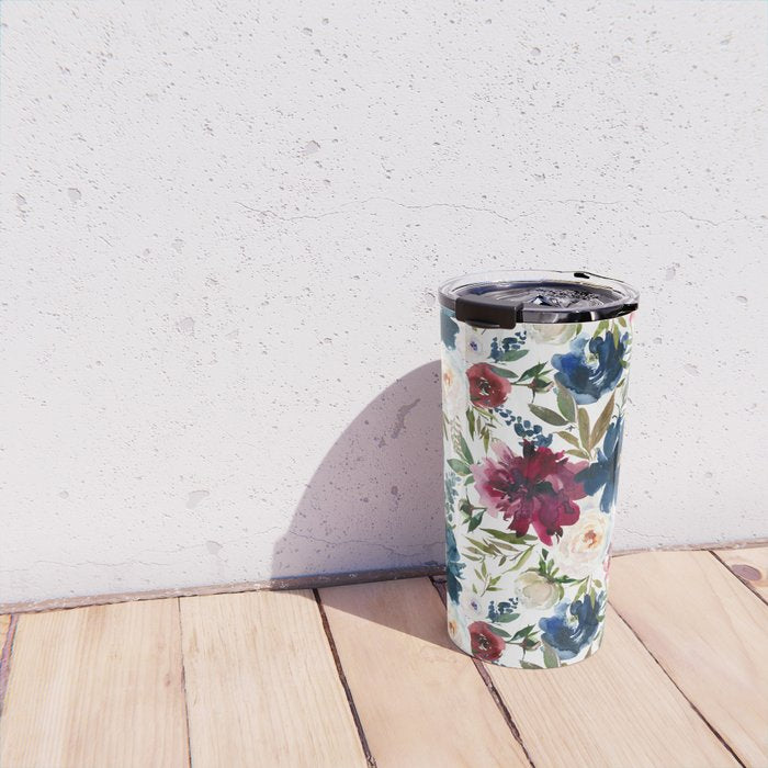 Burgundy Navy Floral Watercolor Pattern A  Travel Mug Gallery Image 4