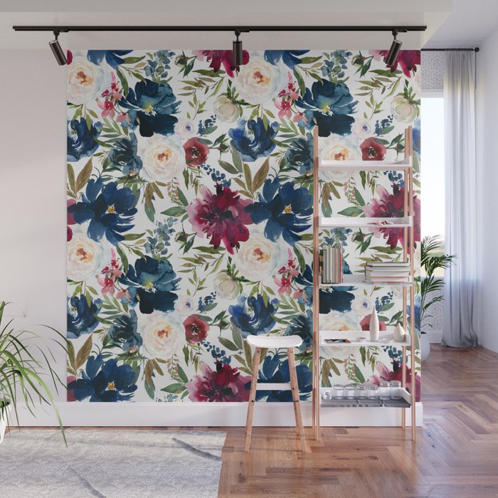 Burgundy Navy Floral Watercolor Pattern A  Wall Mural Gallery Image 1