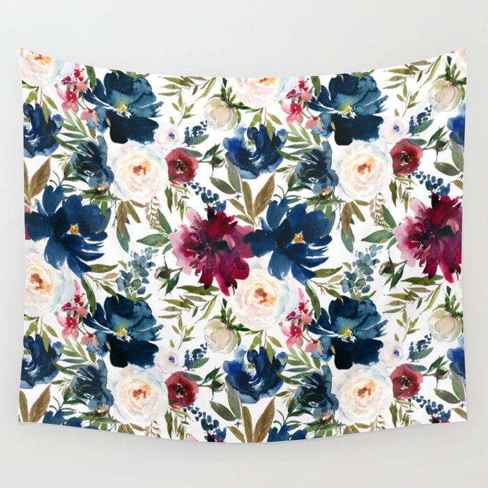 Burgundy Navy Floral Watercolor Pattern A  Wall Tapestry Gallery Image 1