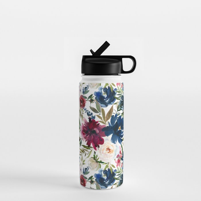 Burgundy Navy Floral Watercolor Pattern A  Water Bottle Gallery Image 1