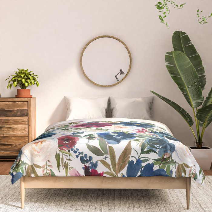 Burgundy Navy Floral Watercolor Pattern A  Comforter Gallery Image 3