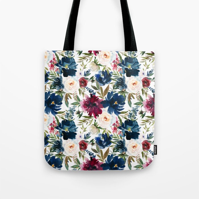 Burgundy Navy Floral Watercolor Pattern A  Tote Bag Gallery Image 1