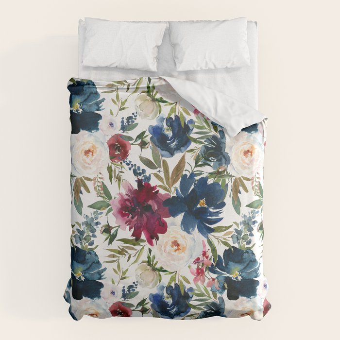 Burgundy Navy Floral Watercolor Pattern A  Duvet Cover Gallery Image 6