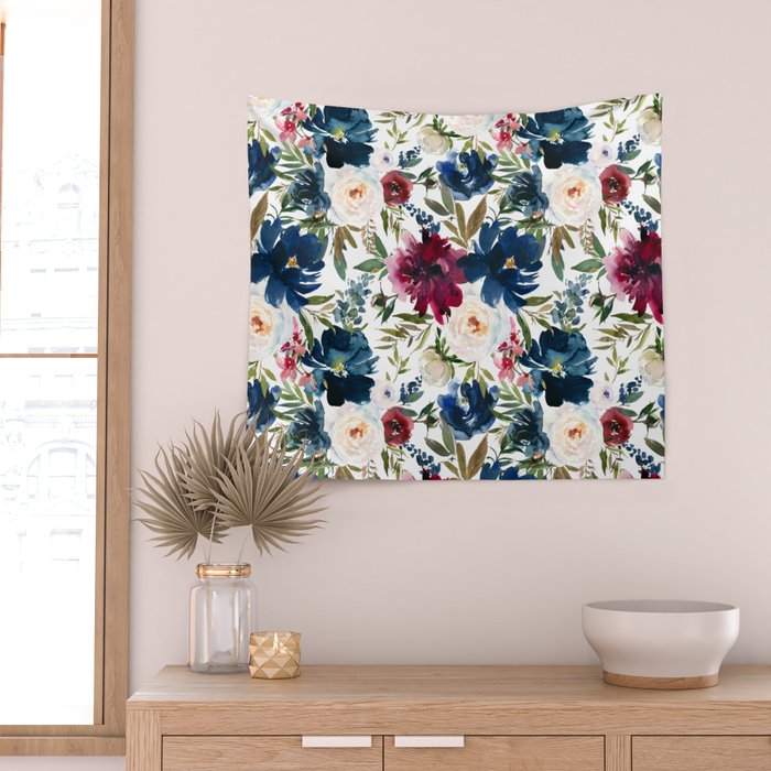 Burgundy Navy Floral Watercolor Pattern A  Wall Tapestry Gallery Image 2