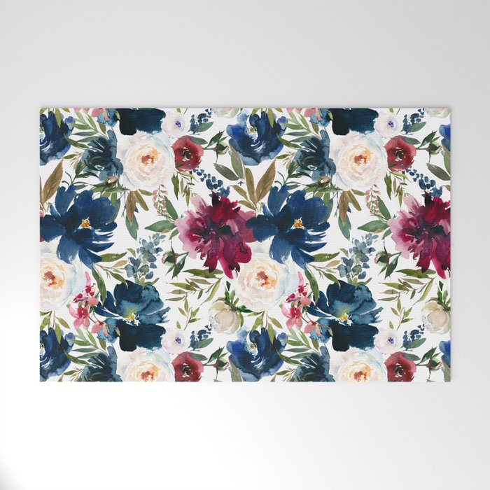 Burgundy Navy Floral Watercolor Pattern A  Welcome Mat Gallery Image 1