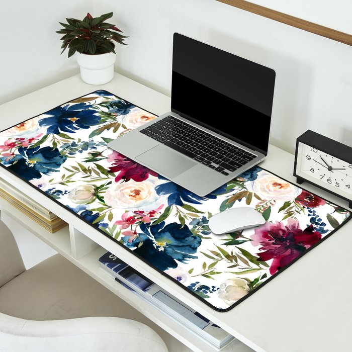 Burgundy Navy Floral Watercolor Pattern A  Desk Mat Gallery Image 2