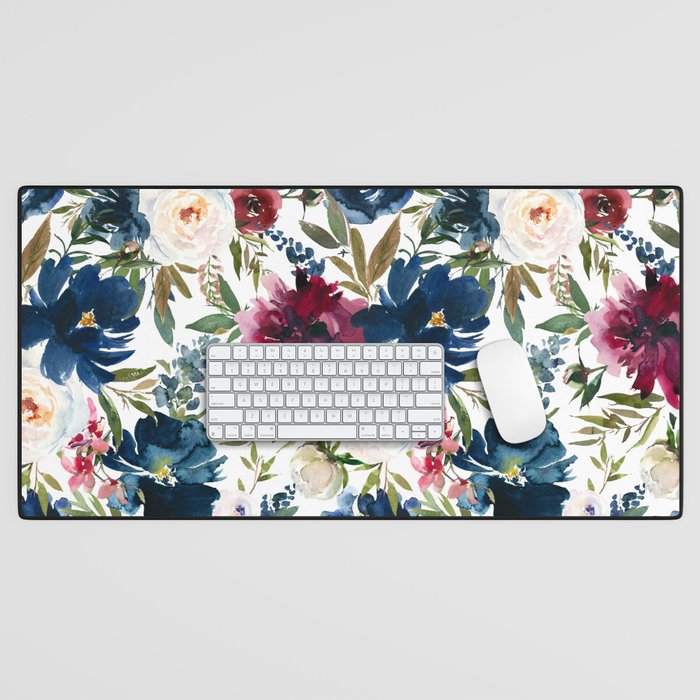 Burgundy Navy Floral Watercolor Pattern A  Desk Mat Gallery Image 1
