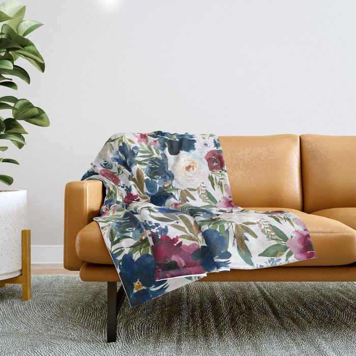 Burgundy Navy Floral Watercolor Pattern A  Throw Blanket Gallery Image 1