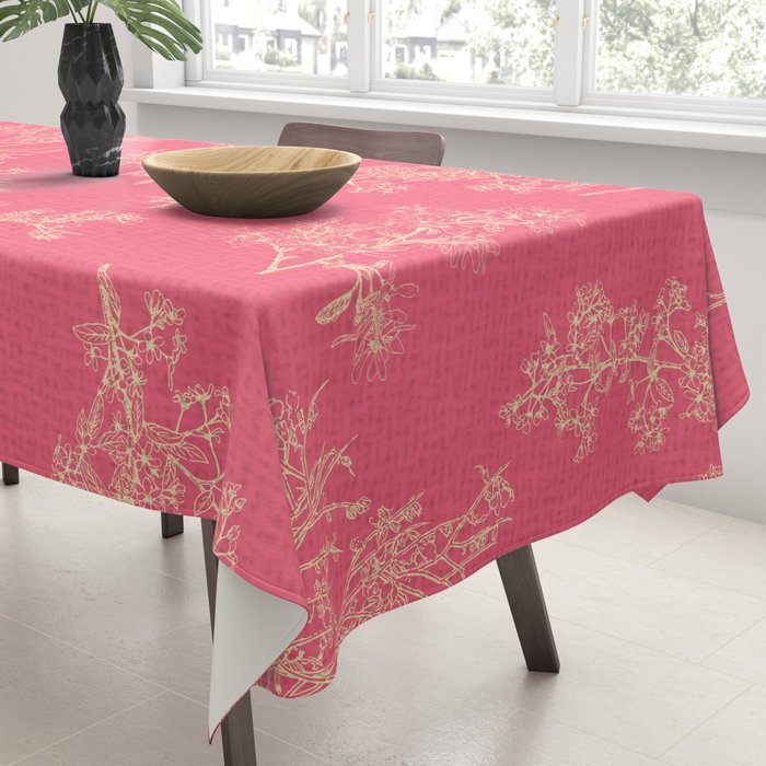 Botanical Cottage Woven Look Pattern in Eclectic Pink and Cream Tablecloth Gallery Image 3