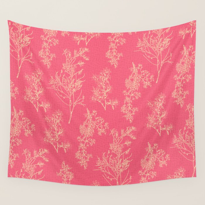 Botanical Cottage Woven Look Pattern in Eclectic Pink and Cream Wall Tapestry Gallery Image 1