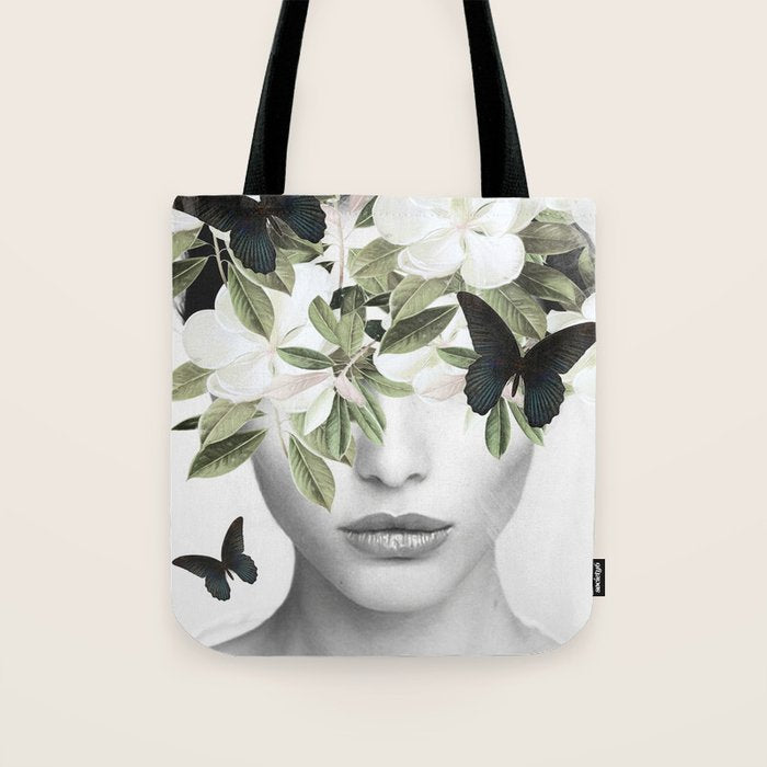 Woman With Flowers and Butterflies 3 Tote Bag Gallery Image 1