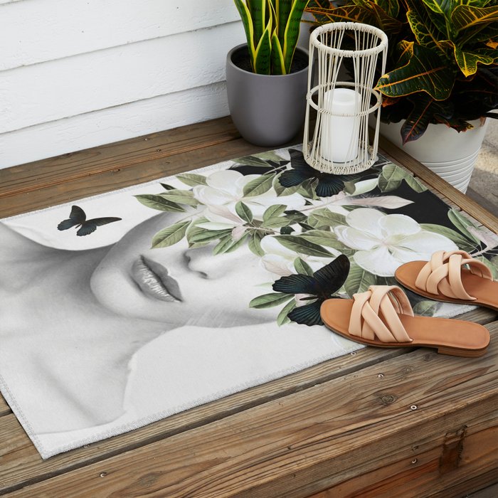 Woman With Flowers and Butterflies 3 Outdoor Rug Gallery Image 2