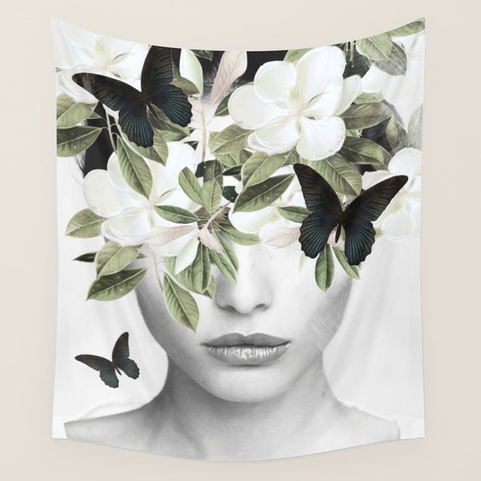 Woman With Flowers and Butterflies 3 Wall Tapestry Gallery Image 4