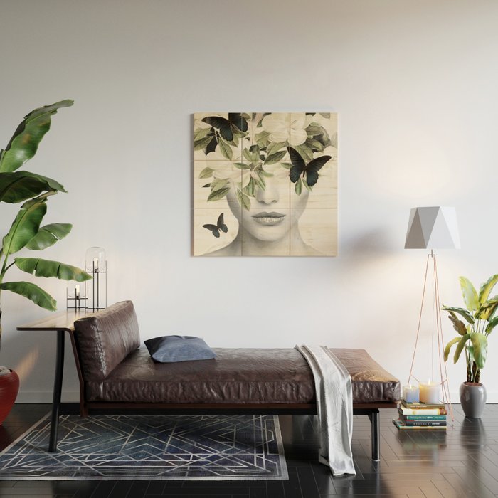 Woman With Flowers and Butterflies 3 Wood Wall Art Gallery Image 2