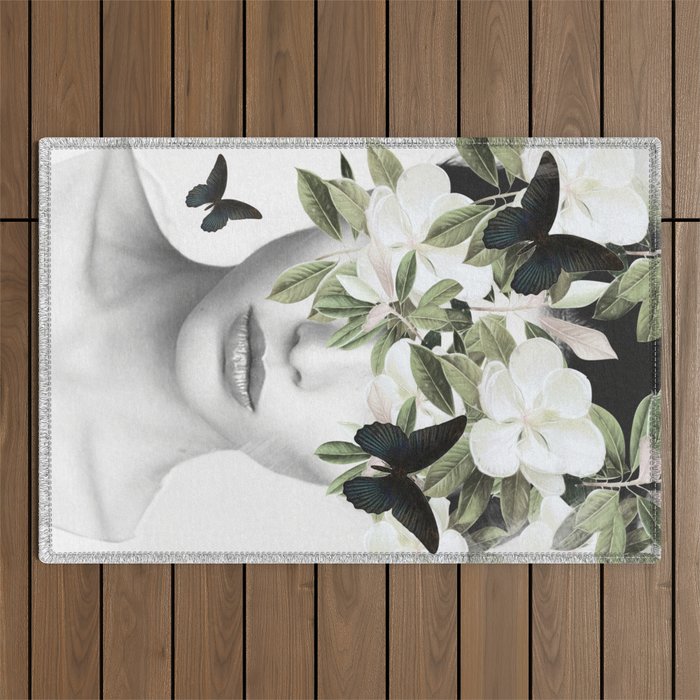 Woman With Flowers and Butterflies 3 Outdoor Rug Gallery Image 1
