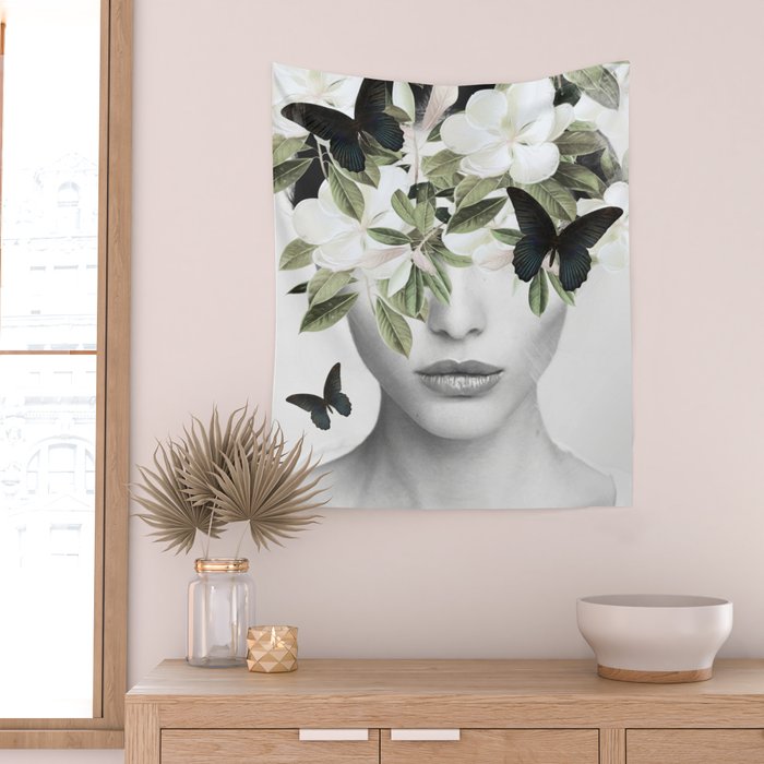 Woman With Flowers and Butterflies 3 Wall Tapestry Gallery Image 2
