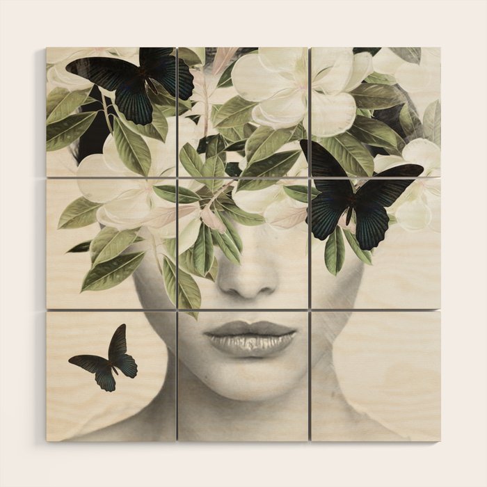 Woman With Flowers and Butterflies 3 Wood Wall Art Gallery Image 1