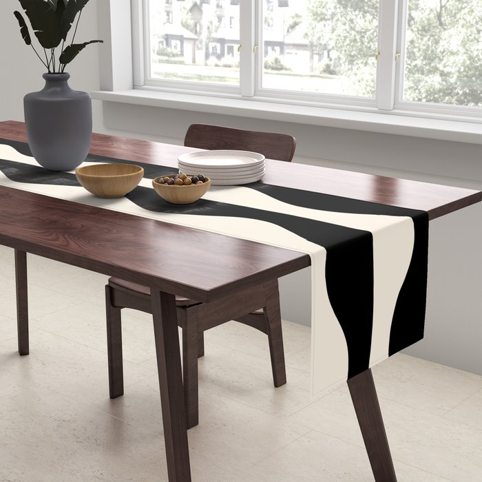 Retro Wavy Lines Pattern in Black & White Table Runner Gallery Image 2